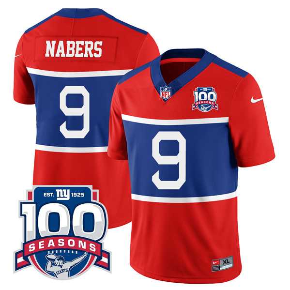 Men & Women & Youth New York Giants #9 Malik Nabers Century Red 100TH Season Commemorative Patch Limited Stitched Jersey